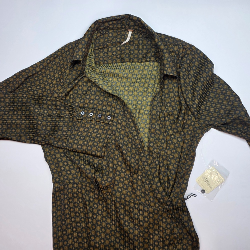 Free People Women XS Medallion Wrap Blouse Long Sleeve Olive Yellow OB1362000